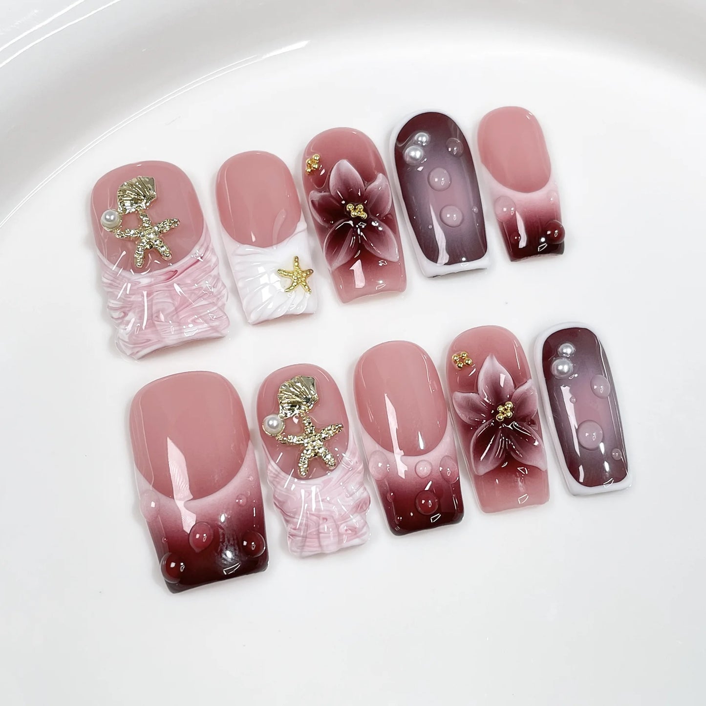 10pcs Dreamy Ocean Press on Nails 3D Flower Pearl Starfish Nail Art Gradient French False Nails Sweet Cool Square Fake Nails Tip