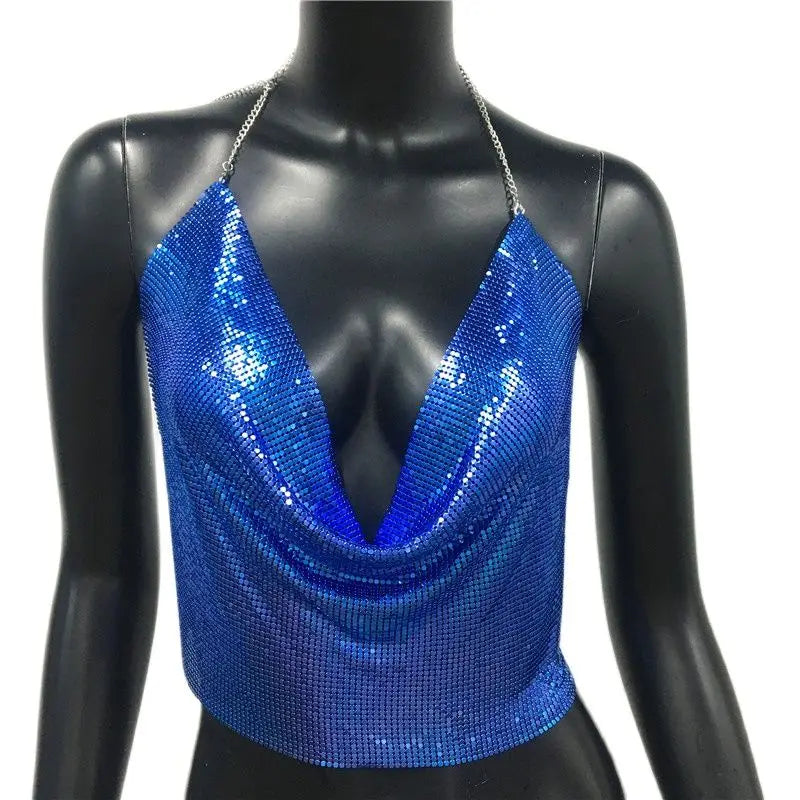 AKYZO Women 2025 Sexy Metal Sequined Tank Camis Summer Gold Silver Backless Cropped Glitter Beach Club Show Wear Tank Tops