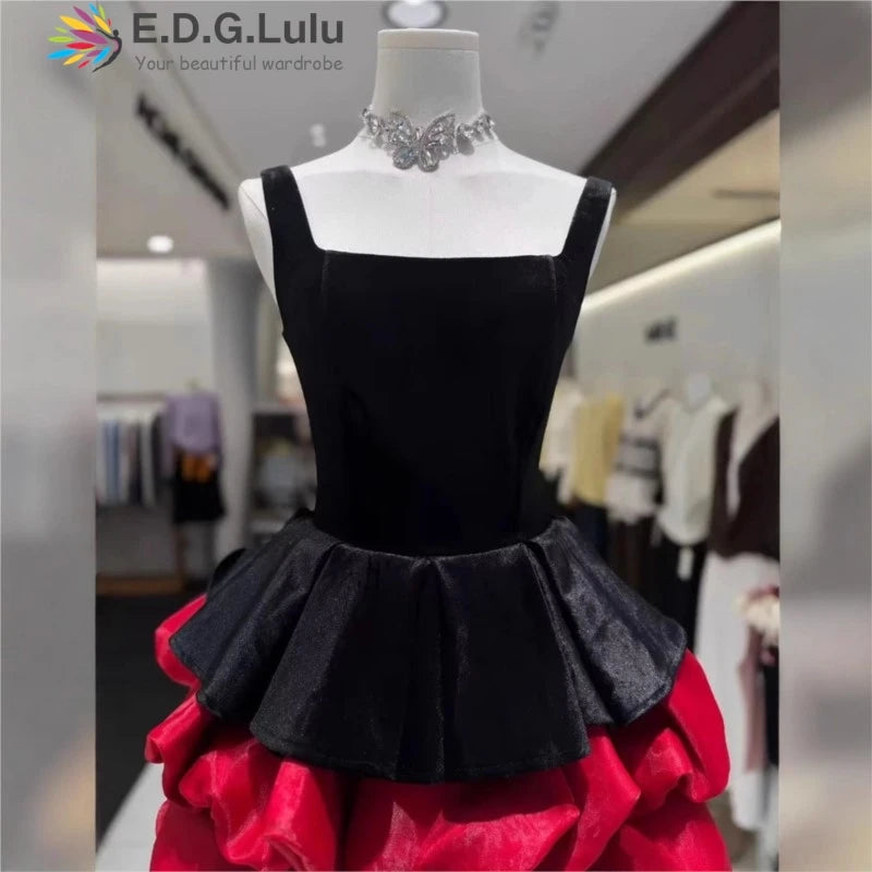 EDGLuLu Sexy Backless Square Collar Sleeveless Mini Dresses For Woman Party Wedding Red Patchwork Black Birthday Dress 1021