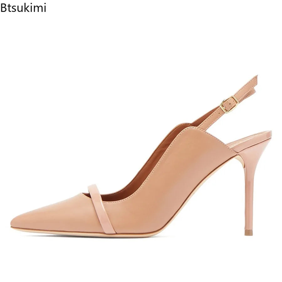 New 2026 Women's Nude Sandals Pointed Toe Back Strap Slingback Thin High Heels Shallow Fashion Party Sandals Summer Heel Mules