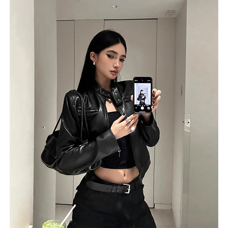 Vintage Pu Leather Jacket Women Streetwear Cropped Black Motorcycle Coats Fall Winter Y2K Harajuku Long Sleeve Short Outerwears