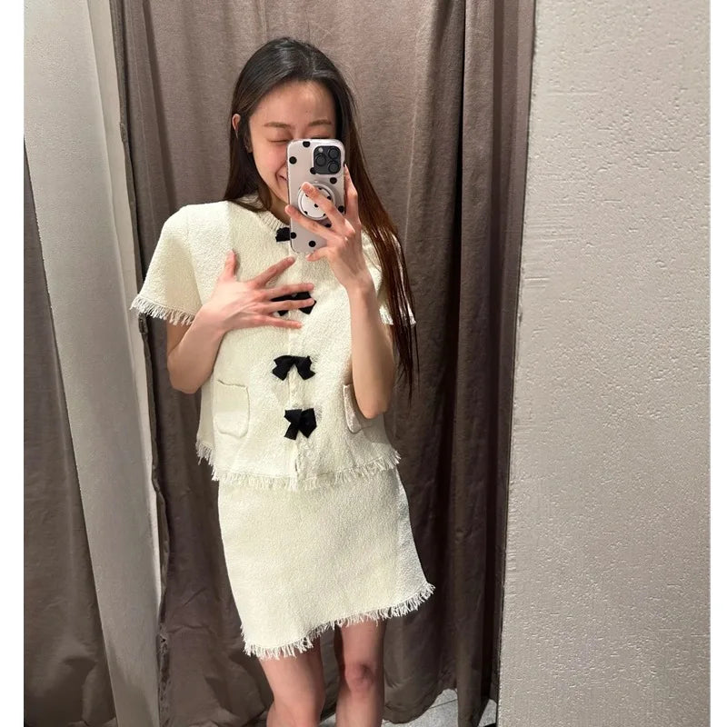Elegant Knitted Short Sleeve Coat with Butterfly Knot Tassel for Women Summer Casual Set Ice Porcelain Cotton Street Style