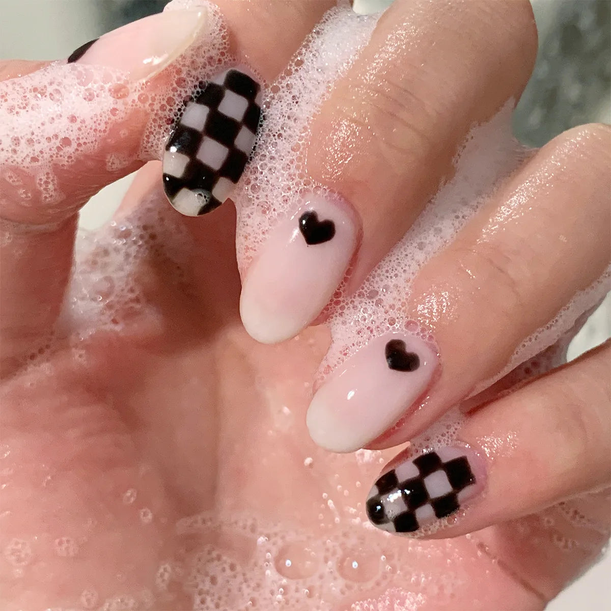 24pcs Cute Girly Short Square False Nails Sweet White French Nail Glitter Star Rhinestones Nail Art Cat Eye Bow Press On Nails