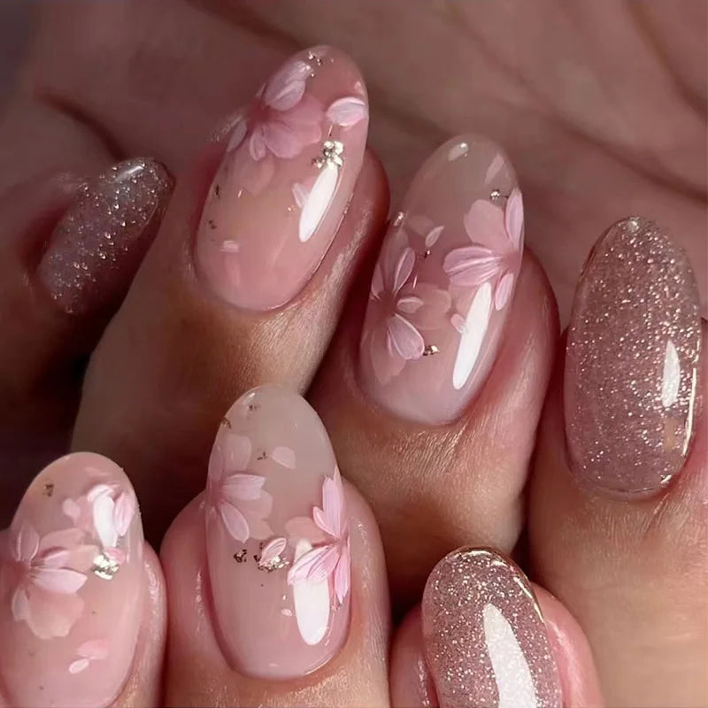 24pcs/30pcs/set Medium long 3D fake nails flowers golden foil bow rhinestones pink white leopard nail tips press on false nails