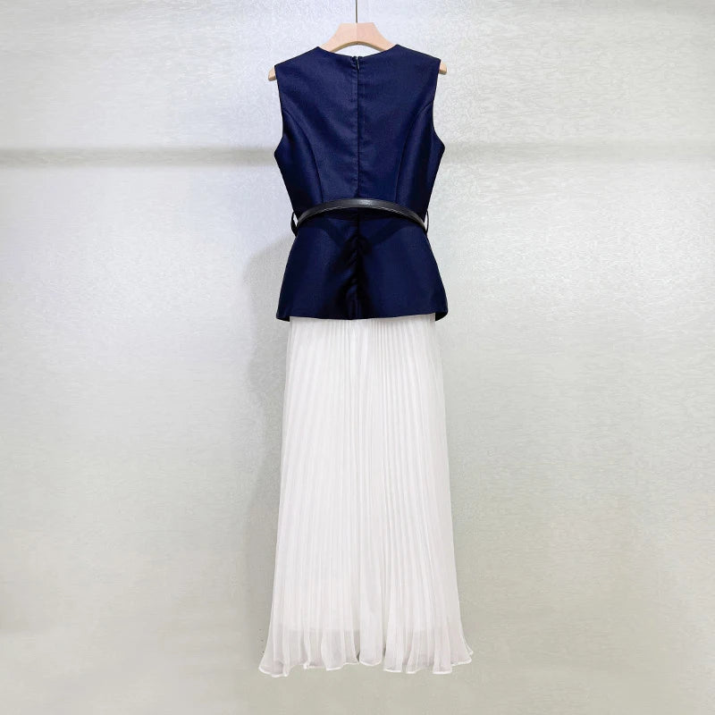 A newSummer women's round-neck elegant blue and white satin patchworkChiffon pleated sleeveless dress y2k fashionable long dress