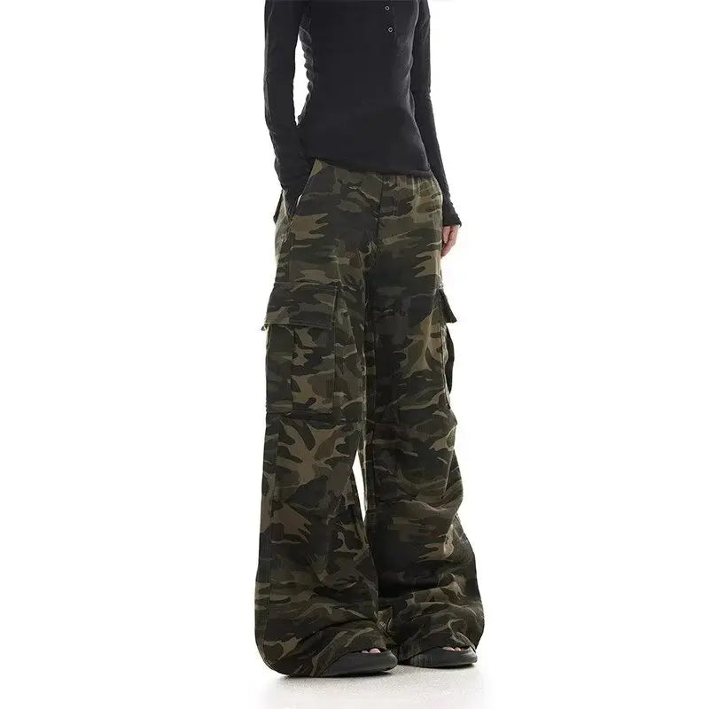 American retro washed design camouflage work pants for men and women, loose straight leg multi pocket wide leg casual paratroope