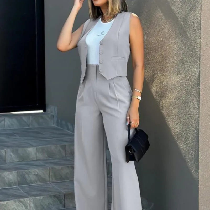 Women's Casual Waistcoat Wide Leg Pants Suit Elegant Sleeveless Vest Trousers 2 Pieces Set Solid Color Commuter Lady  Pants Set