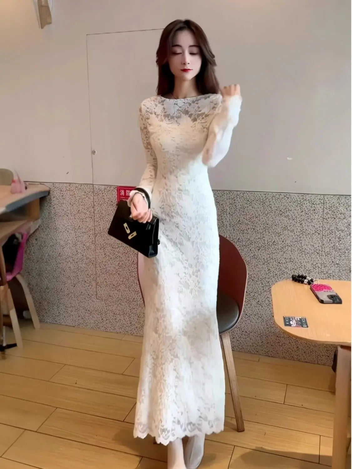 French Lace Long Sleeved Dress for Autumn Winter with a Slim Fit Waist Cinching Slimming Effect Fish Tail Wrapped Long Skirt