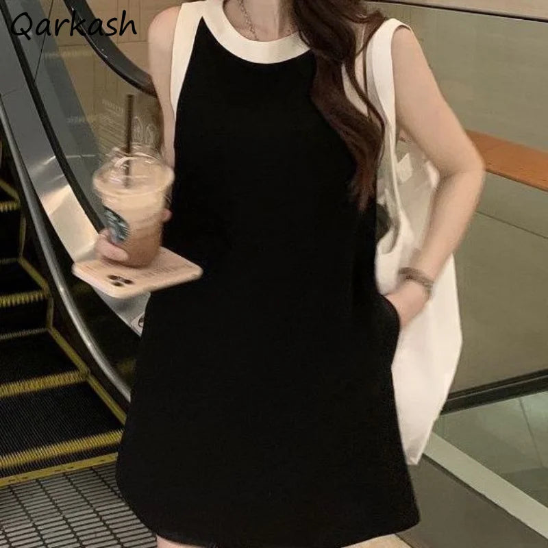 Dresses Women Patchwork Elegant Sleeveless Chic Mini Vintage Loose Korean Style Summer Simple Temperament Office Ladies Fashion