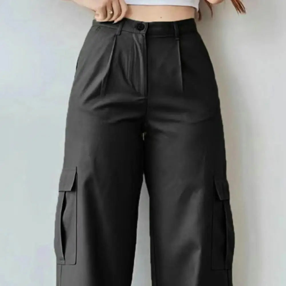 Women Cargo Pants Mid-rise Button Zipper Waist Casual Trousers with Multi Pockets Straight Leg Loose Fit Solid Color Long Pants