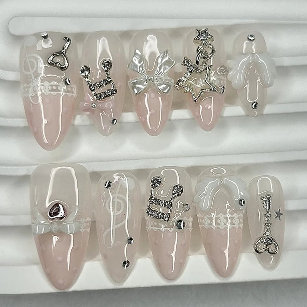 Musical Notes Pink Retro Cute Lace Polka Dots French Almond Press On Nails Handmade 3D Bow Star Wings Diamond Vintage Fake Nails