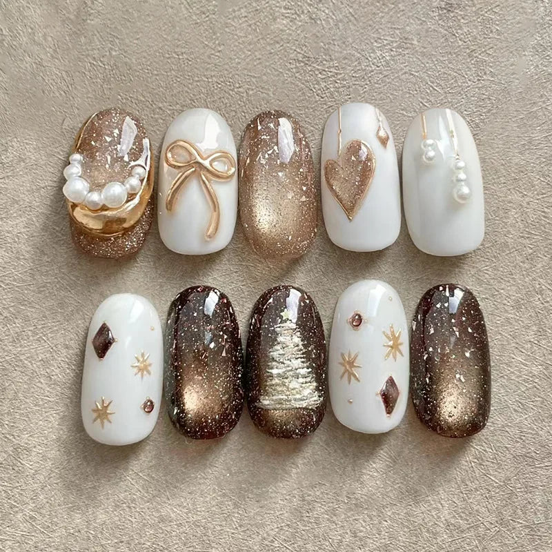 30pcs 3D Dream Rose Press on Nails Heart & Animal Wave Fake Nail Short Almond Full Coverage Nail for Women&Girl False Nail Art
