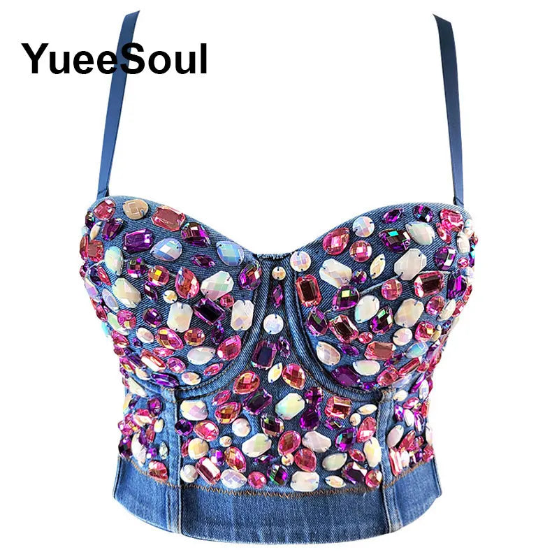 Denim Crop Tops Pearl Tassel Diamond Flower Blue Sleeveless Sexy Corset 2000s 2026 Summer New Y2K Party Evening Woman Clothes