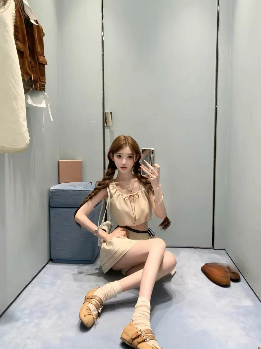 gothiscyn 2026 New Japanese Women's Matching Two Piece Babydoll Top Sets Khaki Drawstring To Mini Skirt Suit Sweet Lolita Style