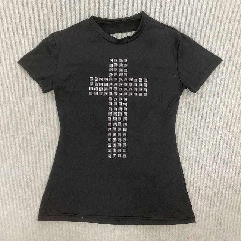American Dark Gothic Square Rhinestone Cross Pattern O Neck Short Sleeve Tees Summer Hole Openwork Backless Sexy Spicy Girl Tops