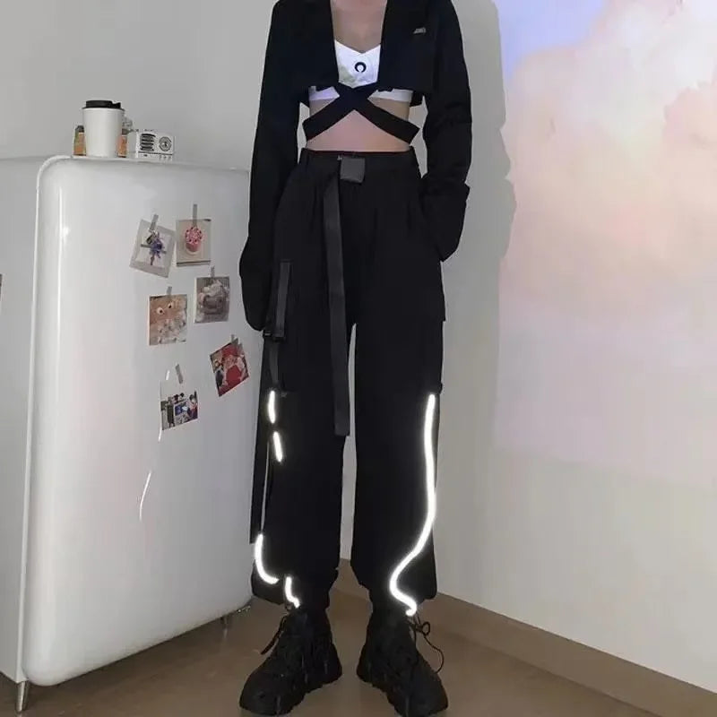 New Fashion Black Pants Women 2025 Detachable Casual Korean Cargo Wide Leg Pant Woman