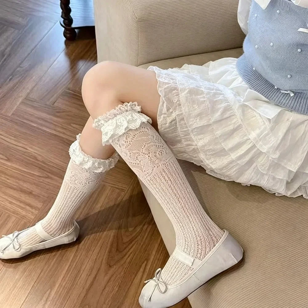 Sexy Solid Color Women's Stockings Lace Hollow out Pile Calf Socks Thin Korean Knee Highs Socks Girl Stockings