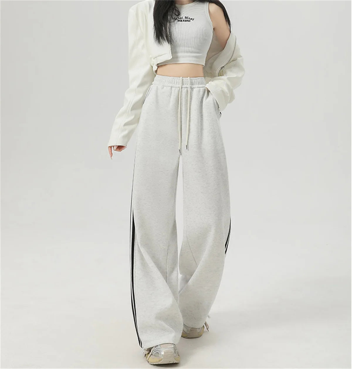 Women Stripe Chic Straight Pant Autumn Spring Retro Sports Sweatpants High Waist Color Blocked Trouseres Lady Casual Streetwear