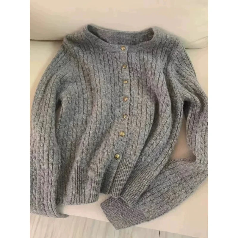 100% pure wool autumn fragrance New Year's red knit cardigan women's twist sweater with high sense of laziness short top.