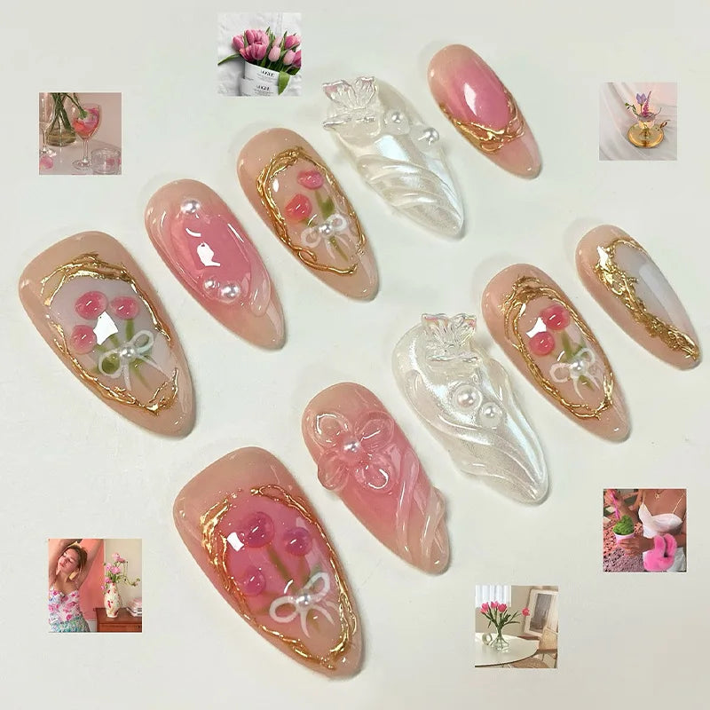 24PCS Sweet Purple Gradient French False Nails with Glue 3D Flowers Butterfly Ripples Almond Press on Nails Aurora Nails Patches