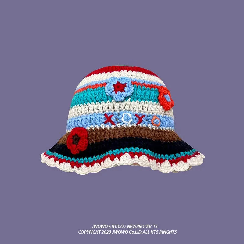 2023 Autumn New Crochet Korean Handmade Bucket Hat Women Weaving Knitted Hat  Fashion Flowers Autumn Winter Beanies Basin Cap
