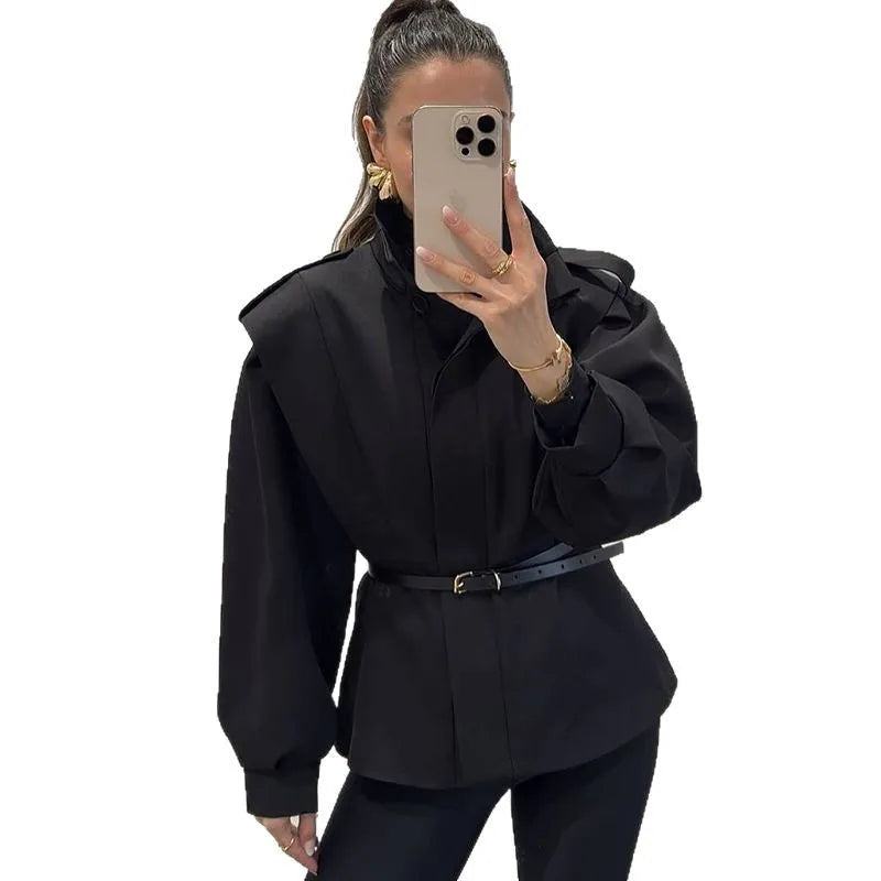 2025 Autumn New Stand Collar Design Sense Slim Fit Irregular Hem Short Trench Coat Women Temperament Commute Style