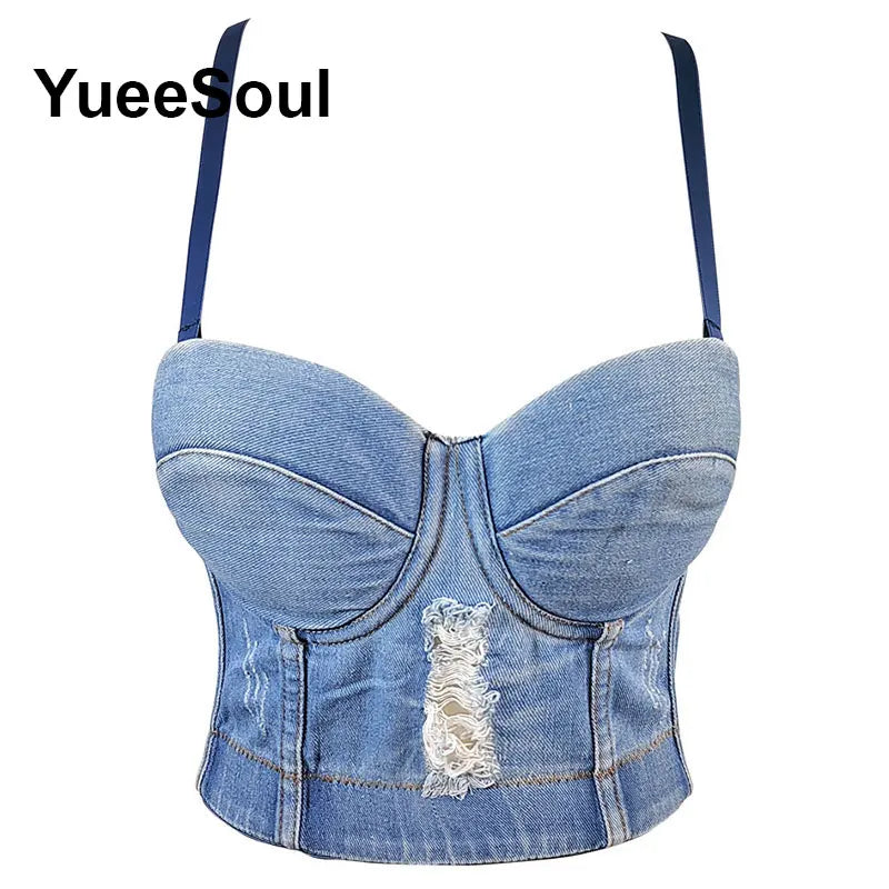 Denim Crop Tops Pearl Tassel Diamond Flower Blue Sleeveless Sexy Corset 2000s 2026 Summer New Y2K Party Evening Woman Clothes