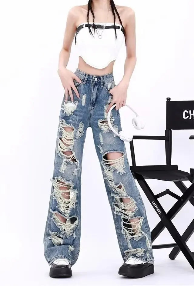 Ripped Jeans Women Summer 2024 Spring and Autumn New High Waist Slimming Straight Drape Small Wide Leg Pants Ins Fashion