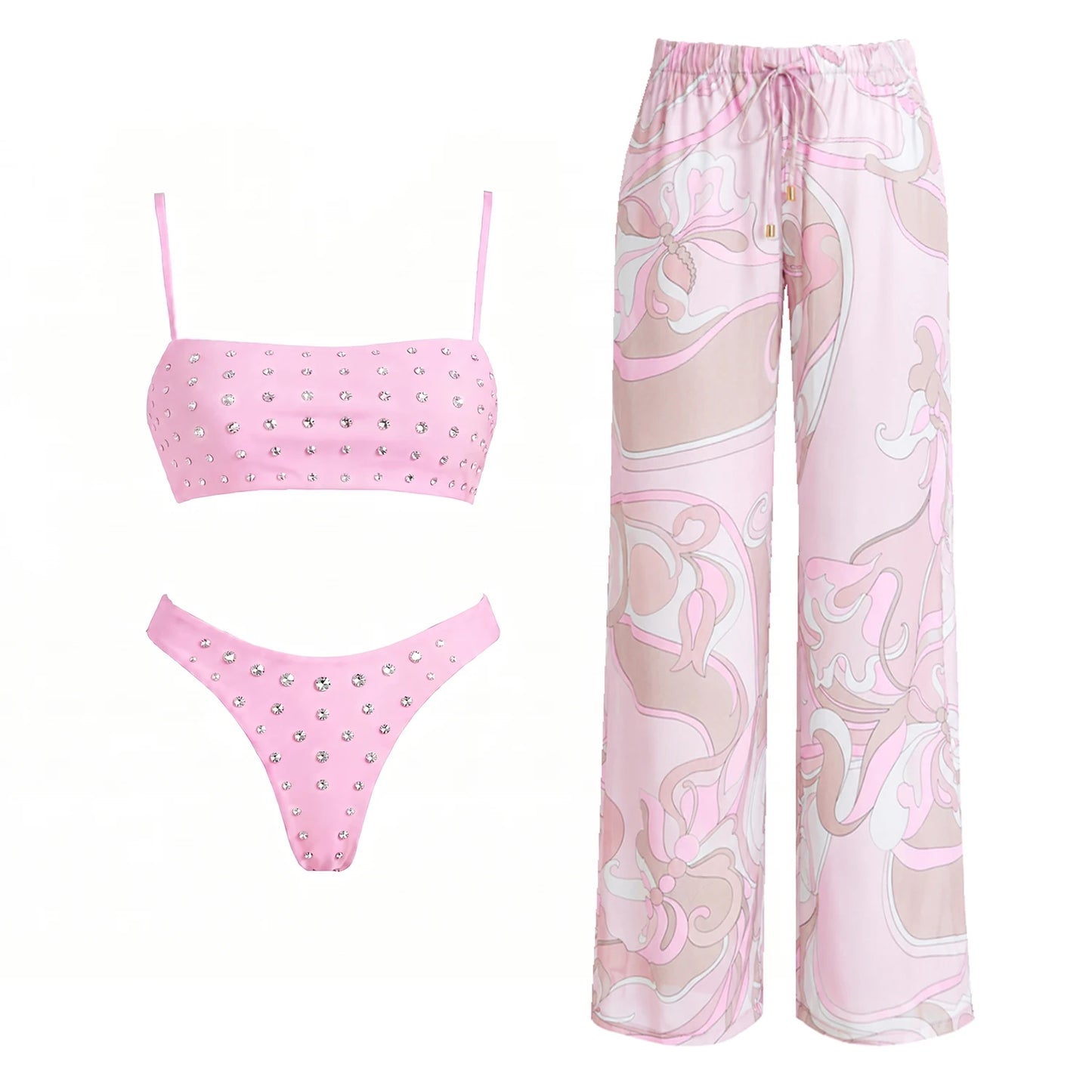 3Pcs Diamond Bikini With Cover Up Sexy Women Swimsuit Swimwear Female Bandeau Biquini Pink Print Swim Suit Beachwear Bathingsuit