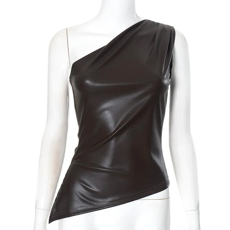 Women's Sexy One Shoulder Asymmetrical PU Leather Top - Sleeveless Bodycon Faux Leather Tank for Summer Party Club Night Out