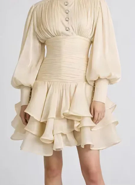 Victorian Puff-Sleeve Ruched Tiered Cottagecore Mini Dress | Inspired by Neslihan Atagül