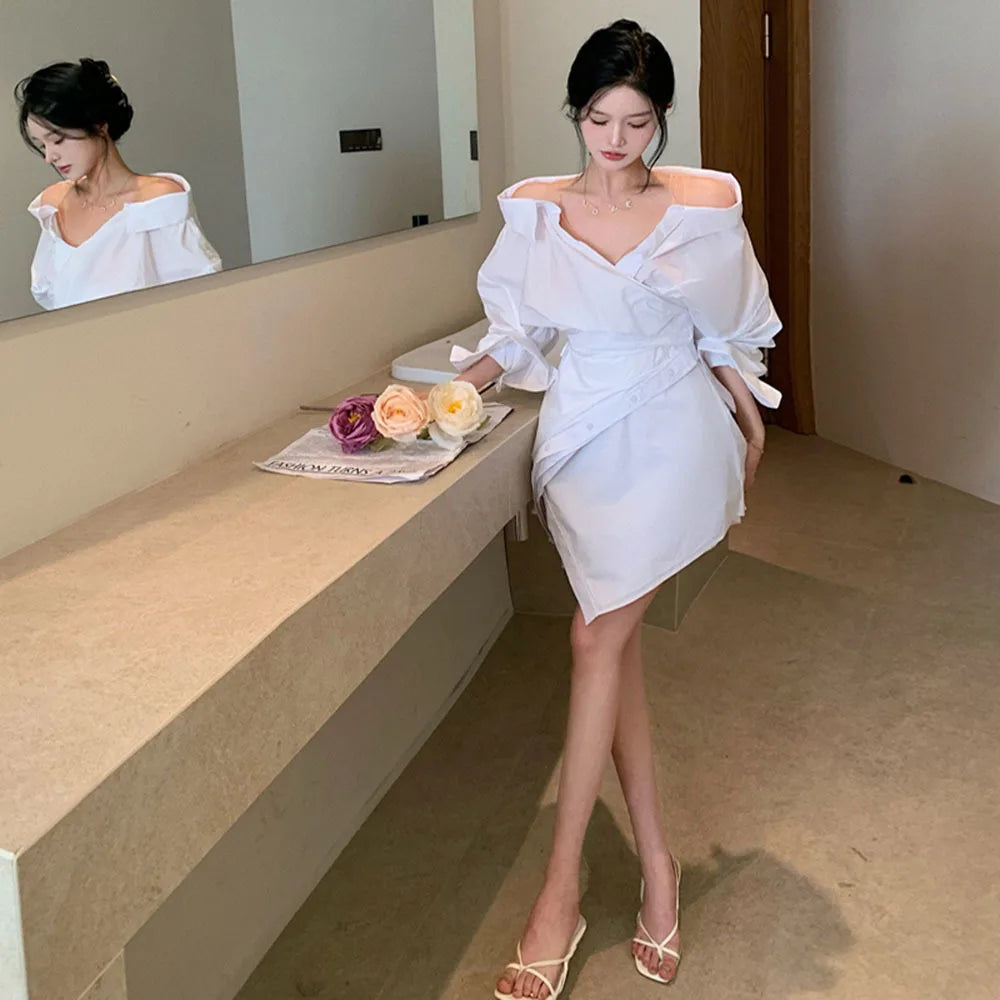 Elegant Korean Dress For Women V Neck Long Sleeve Off Shoulder High Waist Solid Mini Shirt Dresses Female Clothing 2023 Fashion