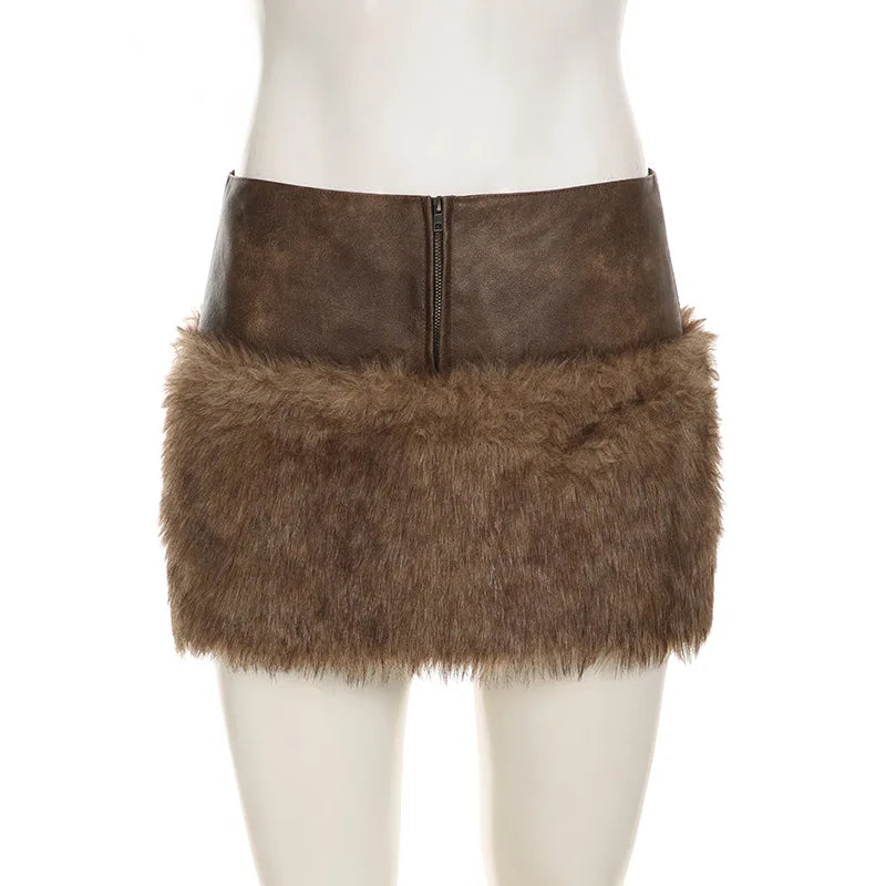 Vintage Patchwork Pu Leather Furry Skirt Women 2024 Winter Fashion Slim Mid-Waisted Mini Skirts Women Streetwear Lady