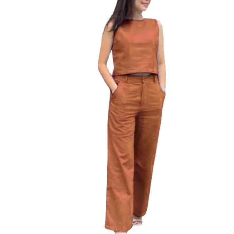 Women's Cotton Linen Set Casual Fashion Wide Leg Pants Sleeveless Pockets Solid Color Ensemble Elegant Versatile Outfit