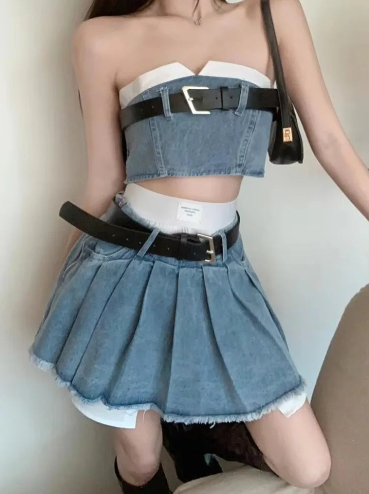 Y2k Spice Girl Denim Suit Skirt Fried High Street Fashion Trapless Tube Top Vest Pleated Skirt Chic Summer Girls Two Piece Suit