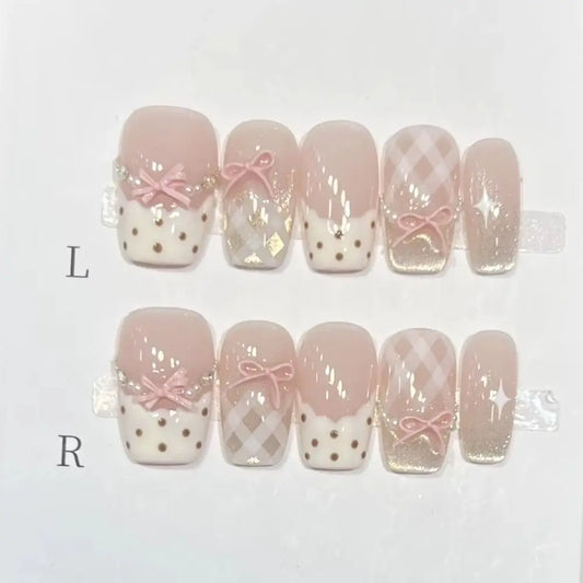 10Pcs Sweet Mid-length Ballet False Nails Art Fashion Pink Cat Eye Lovely Bow Wearable Finished Nails Set Summer Acrylic Nails