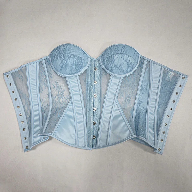 Women Fancy Corset Bustier Over Bust With Cups Bodice Lace Up Bone Tube Tops Wedding Party Satin Mesh Shaping Tops Wedding Party