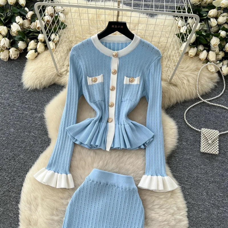 Elegant Colorblock Knitted 2 Piece Sets Women Outfit Spring Clothes Women Long Sleeve Top Mermaid Skirt Suit OL Style Dress Sets