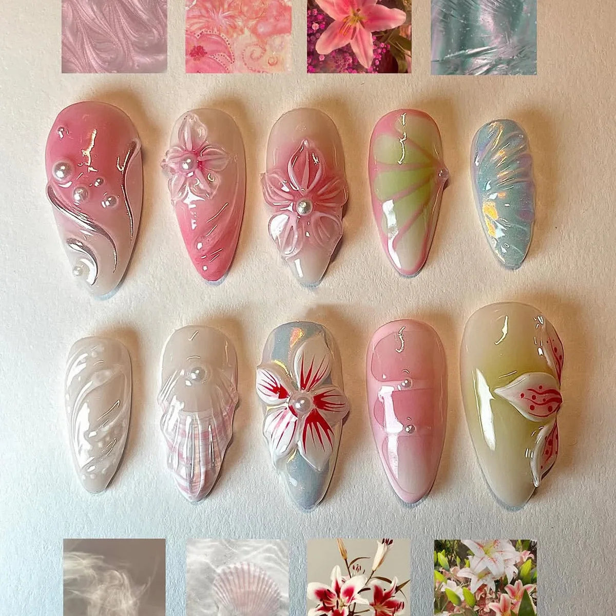 24PCS Sweet Purple Gradient French False Nails with Glue 3D Flowers Butterfly Ripples Almond Press on Nails Aurora Nails Patches
