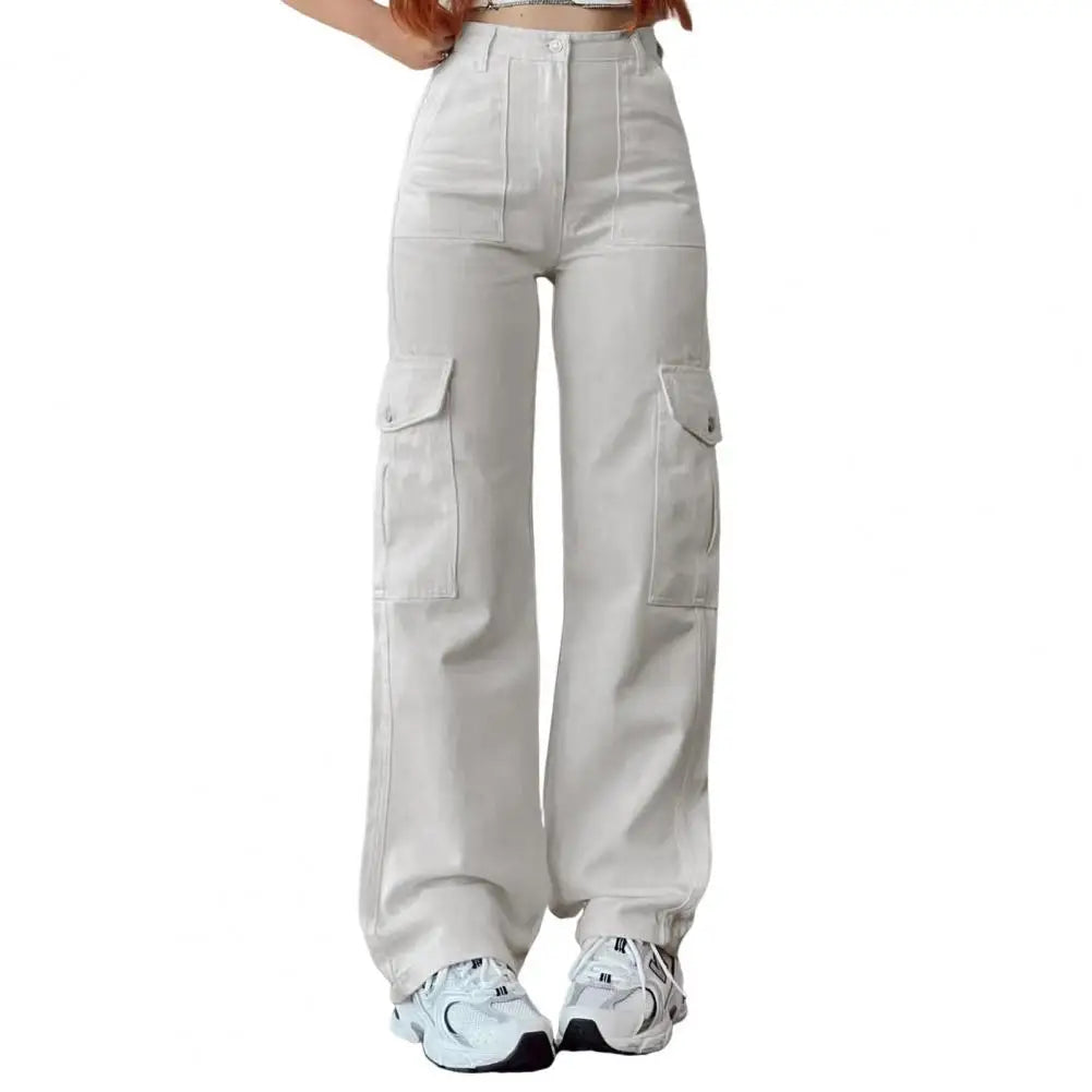 Women Cargo Pants Mid-rise Button Zipper Waist Casual Trousers with Multi Pockets Straight Leg Loose Fit Solid Color Long Pants