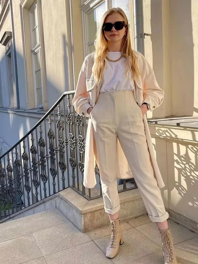 HH Women Vintage Solid Pencil Pants High Waist Pant For Women Casual Streetwear Woman Trousers Office Wear Basic Pant Mujer