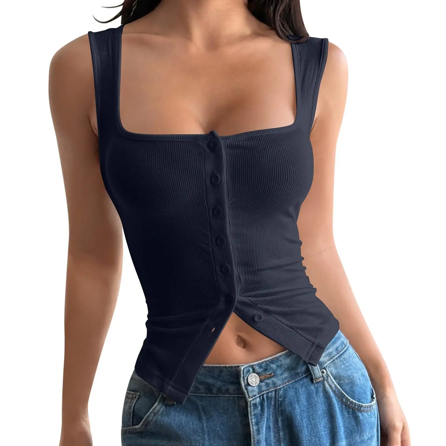 Y2k Sexy Tank Tops Ribbed Knitted Slim Fit Sleeveless Square Neck Women Vest Summer Streetwear Harajuku Stretchy Cropped Tops
