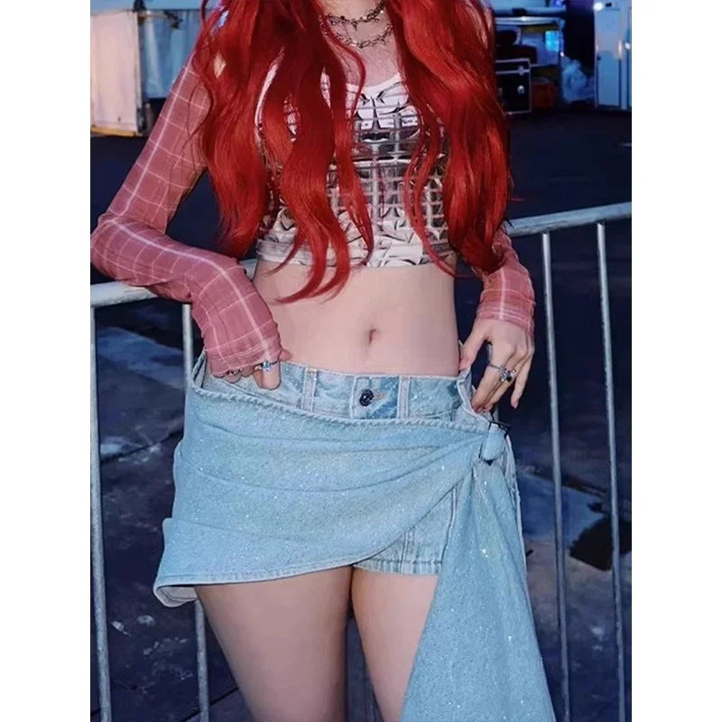 New Fashion Denim Skirt Women Summer Irregular Beading Sexy Spicy Girl Jeans Skirts Club Short Skirts Streetwear