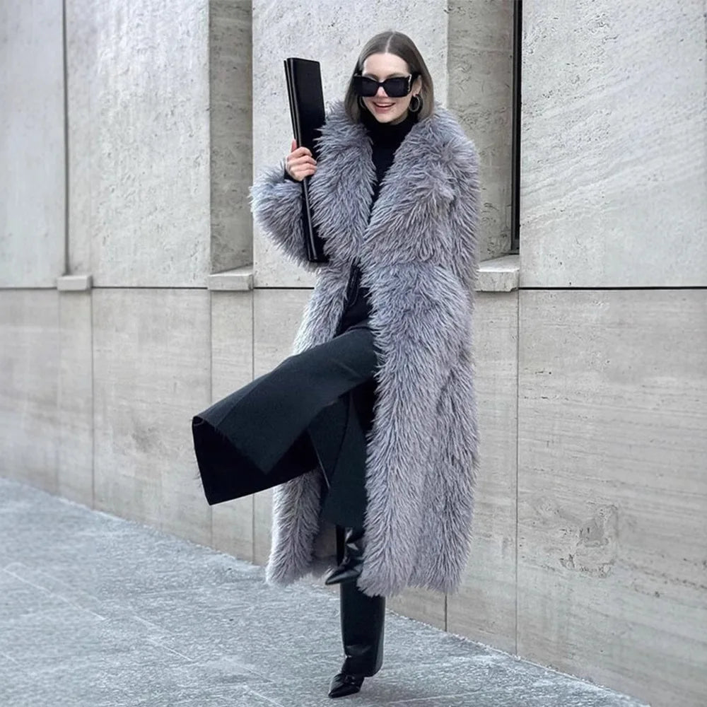 DEAT Fashion Gray Long Imitation Fur Coat Women's Lapel Loose Long Sleeves Plush Thick Overcoat Winter New 7A1438