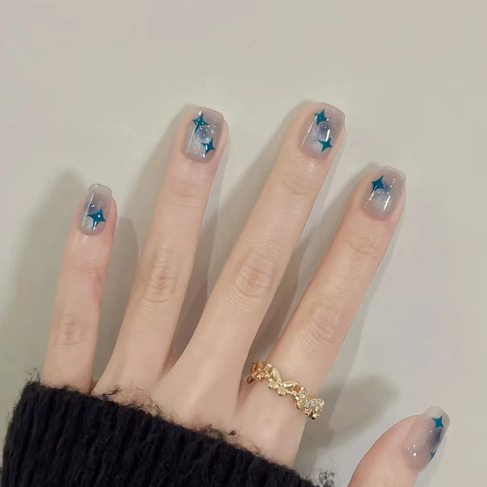 24pcs Cute Girly Short Square False Nails Sweet White French Nail Glitter Star Rhinestones Nail Art Cat Eye Bow Press On Nails