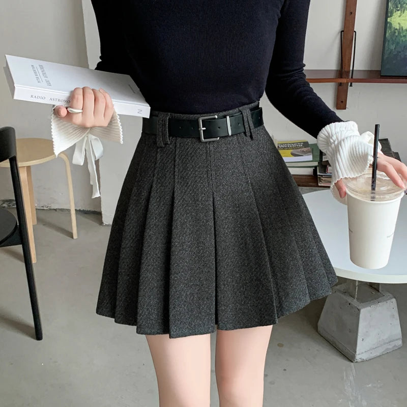 Vintage Winter Pleated Mini Skirt Women Streetwear High Waist Woolen Cute Skater Skirts With Shorts Belt Grey Black Skirt Woman