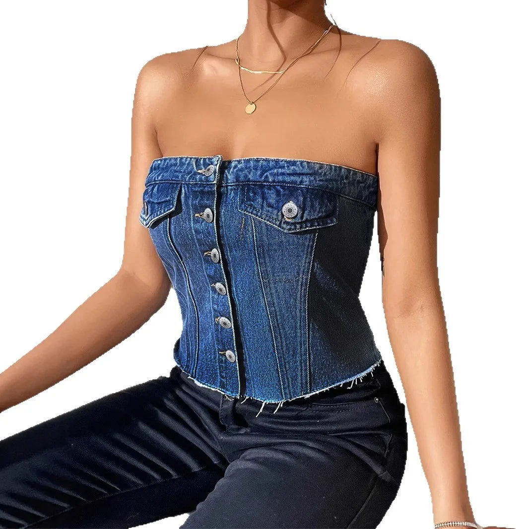 Denim Strapless Top Women Sleeveless Crop Tops Sexy Backless Single Breasted Washed Distressed Streetwear Y2k Camis Tanks Summer
