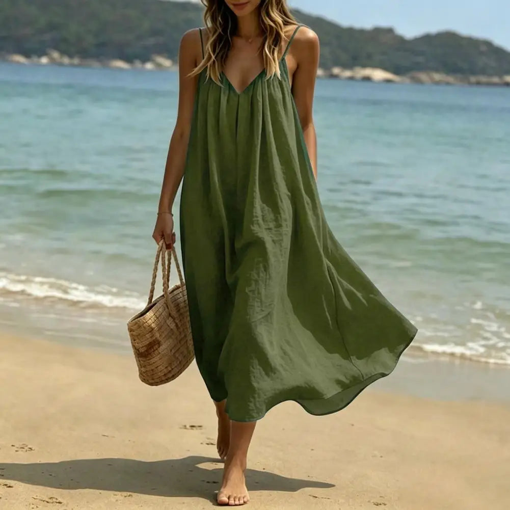Women's Spaghetti Strap Beach Sundress, Summer Sleeveless V Neck Cami Dress, Loose Flowy Vacation Long Dress Plain Maxi Sundress