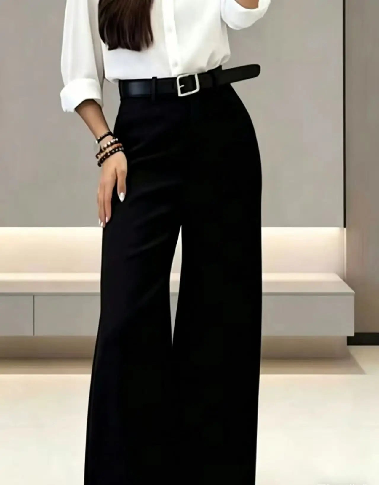 Women Black High Waist Wide Leg Suit Pants With Belt Elegant Office Business Formal Trousers Straight Leg Workwear Pants