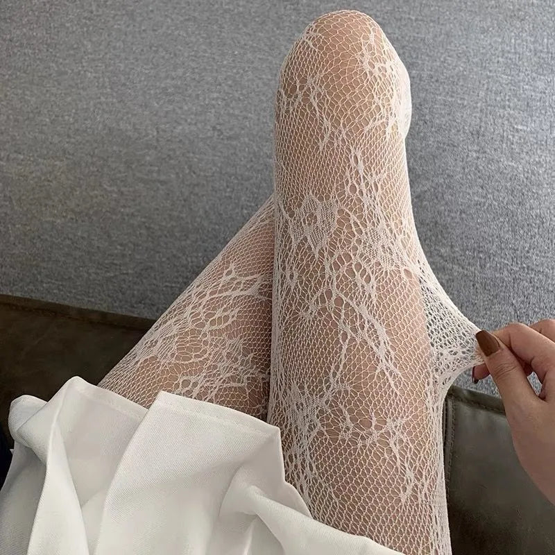Women Floral Lace Tights Summer Mesh Sexy Hollowed Out Thin and Breathable Retro Punk Y2k Pantyhose Individual Fishnet Stockings